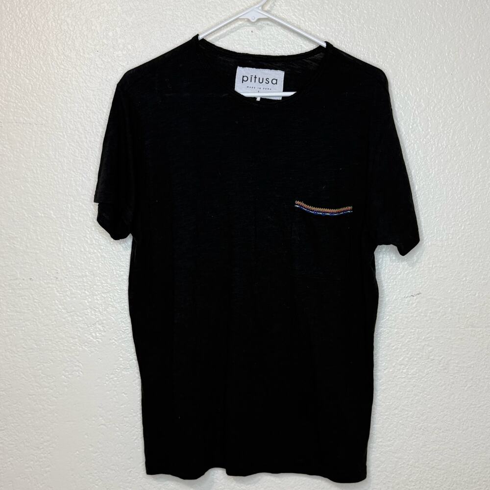 Pitusa Black Cotton Modal Embroidered Pocket Tee Shirt Mens Small Made in Peru